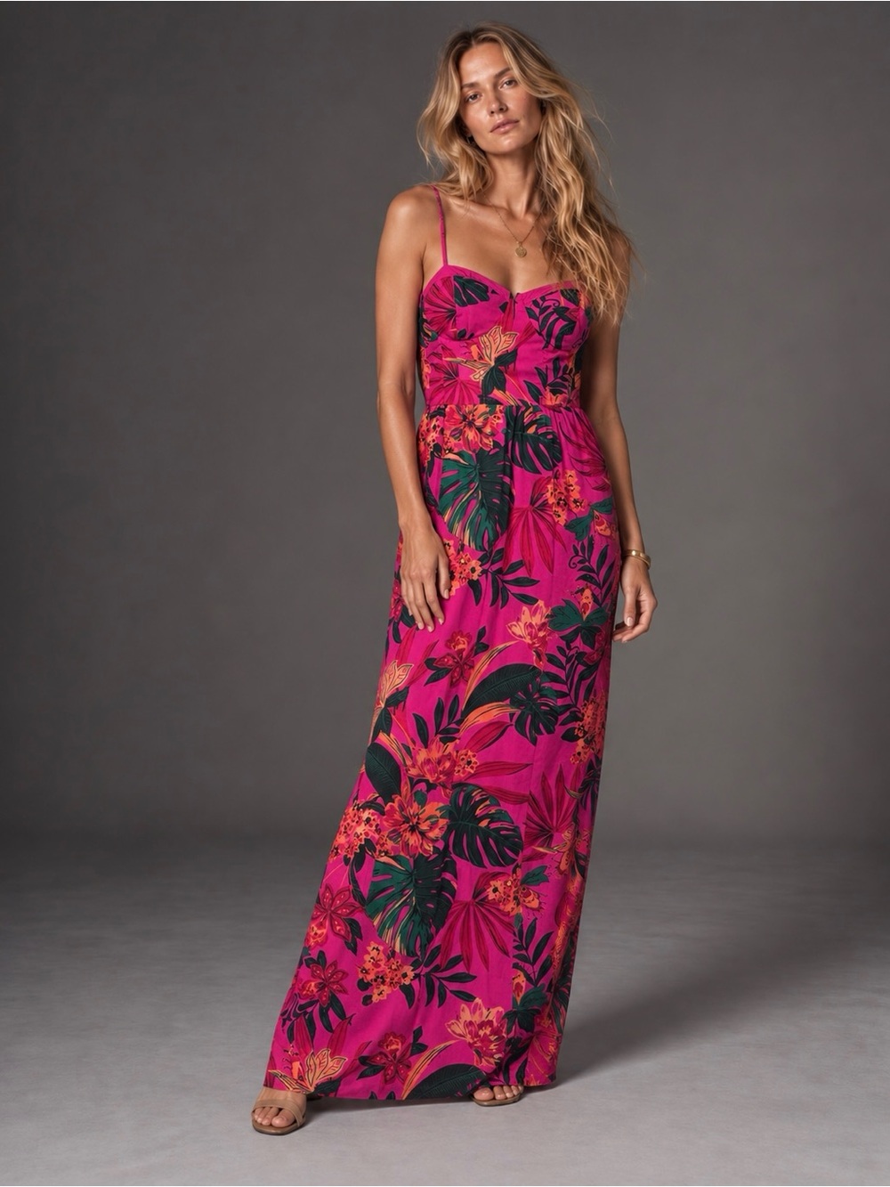 Pink Tropical Floral Bustier Maxi Dress Size L